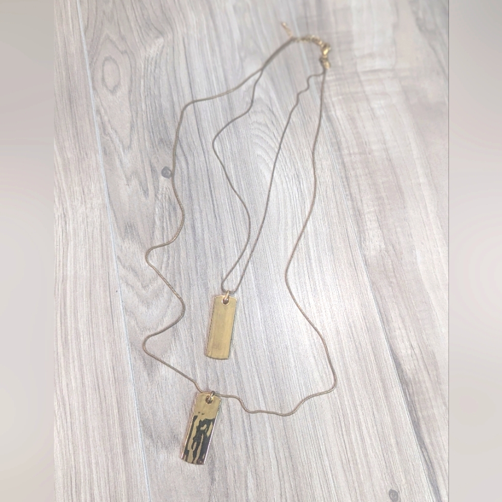 Express Shiny Gold-tone Double Strand Bar/Plate/Tags Pendant 20" Necklace VTG